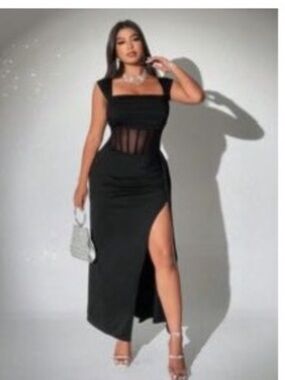 SHEIN Black Square Neck High-Slit Mesh Waist Dress